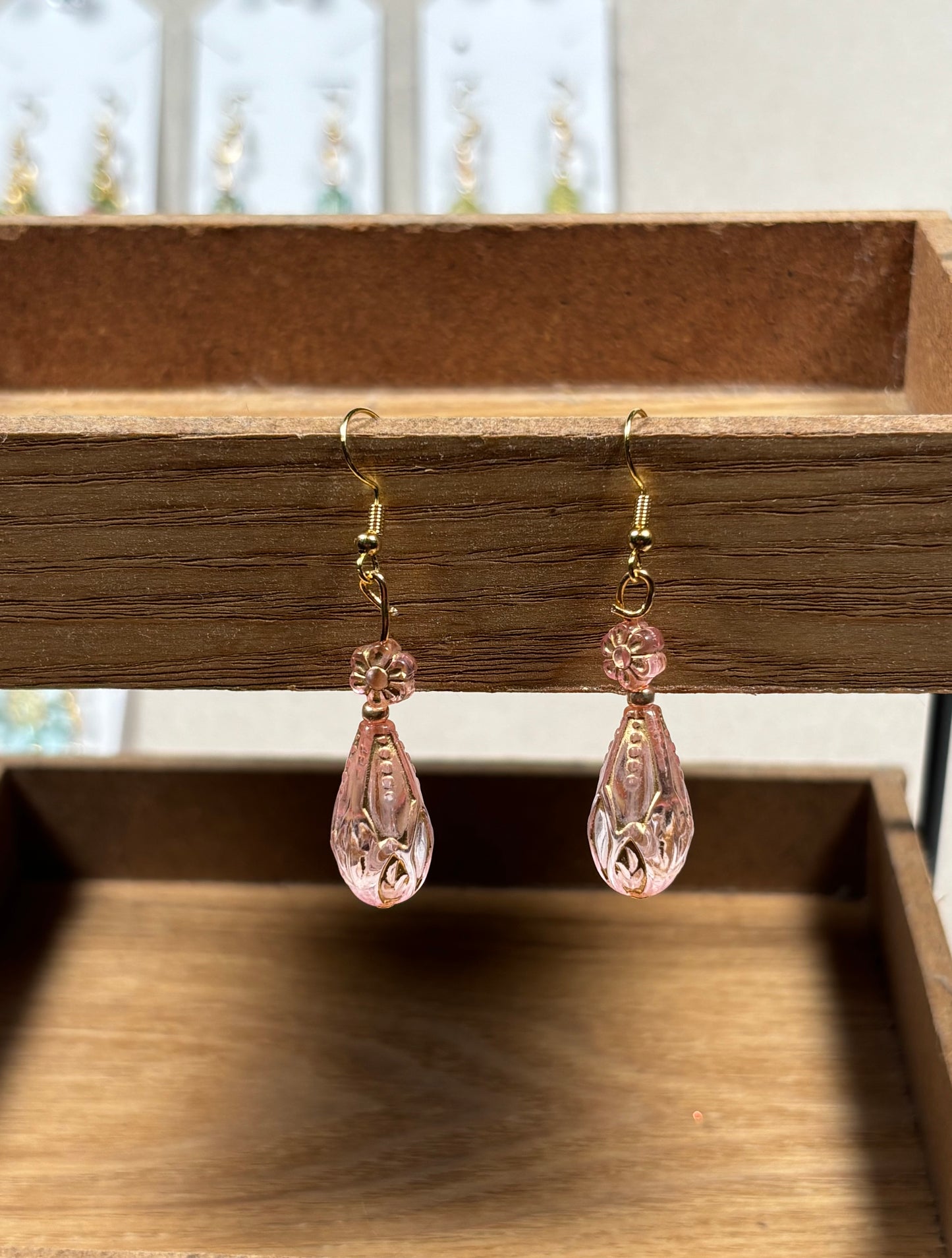 Pink and Gold Beaded Teardrop Fishhook Earrings