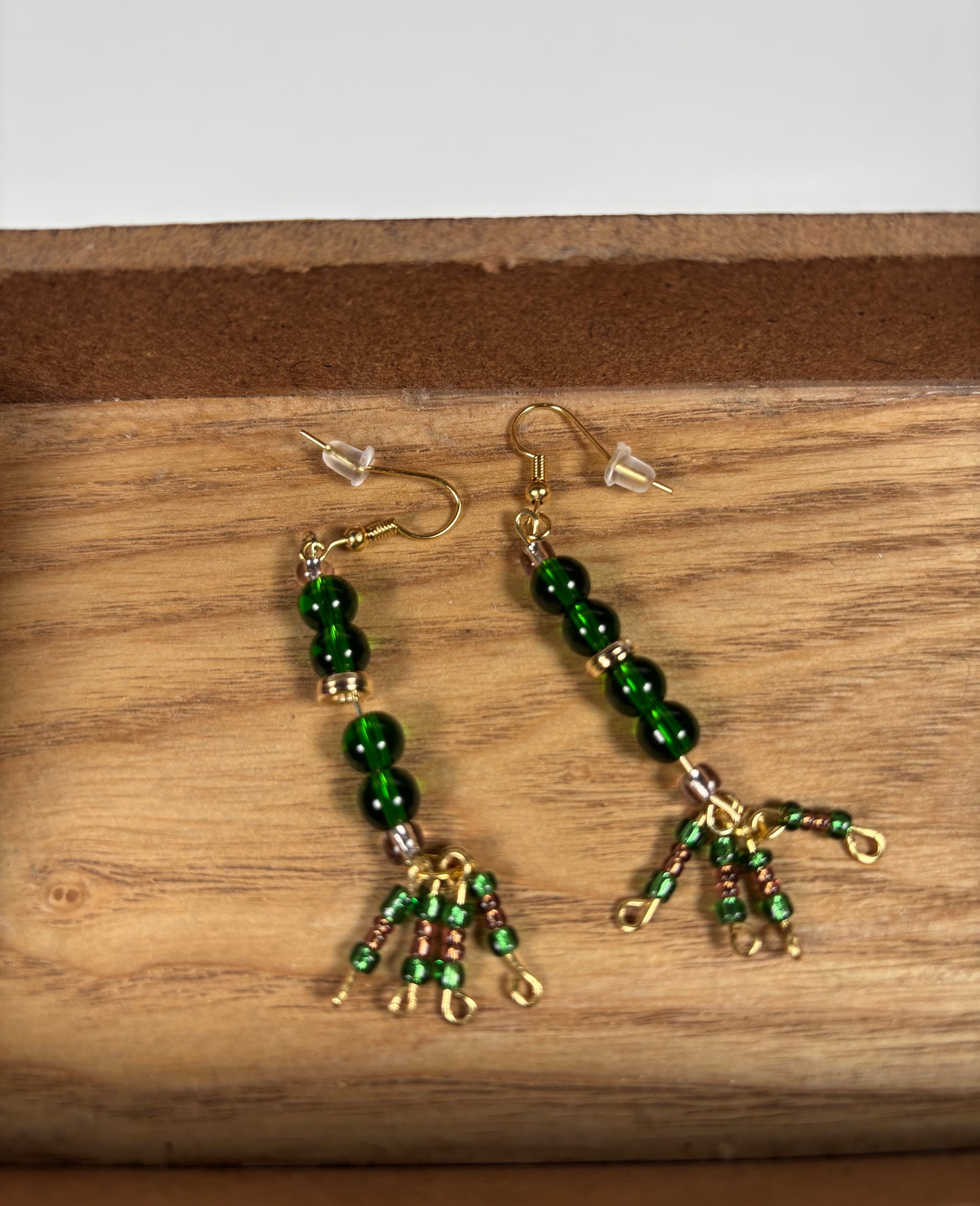 Emerald Green Bead Chandelier Earrings, w/Gold Accents