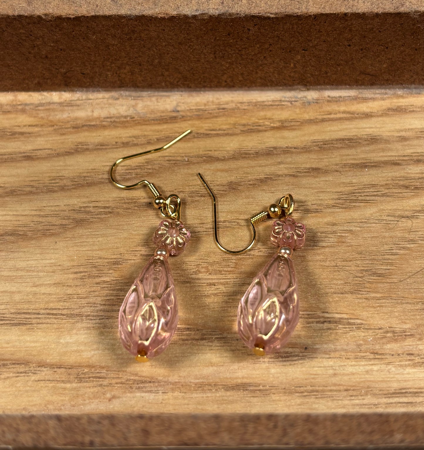 Pink and Gold Beaded Teardrop Fishhook Earrings