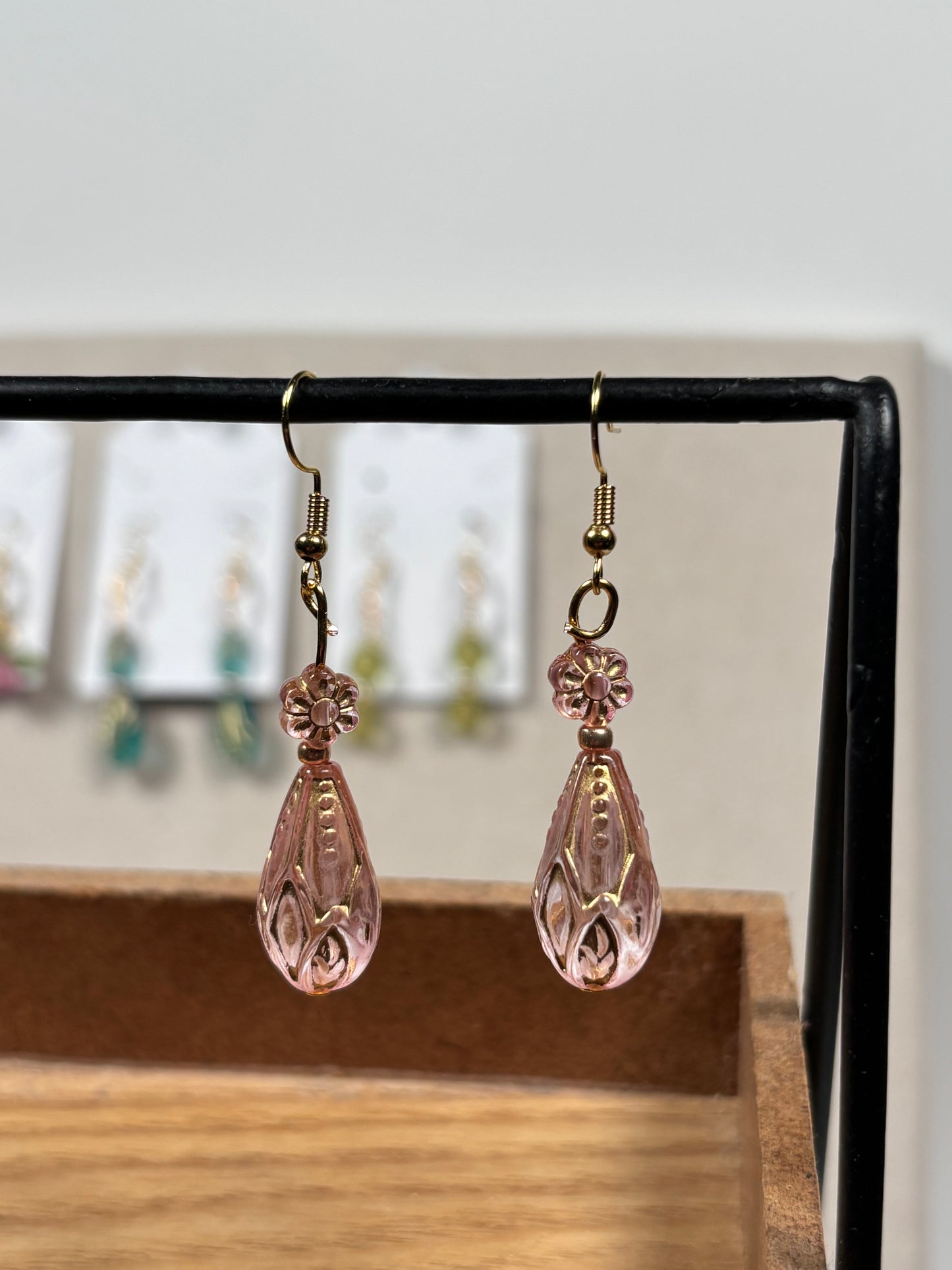 Pink and Gold Beaded Teardrop Fishhook Earrings