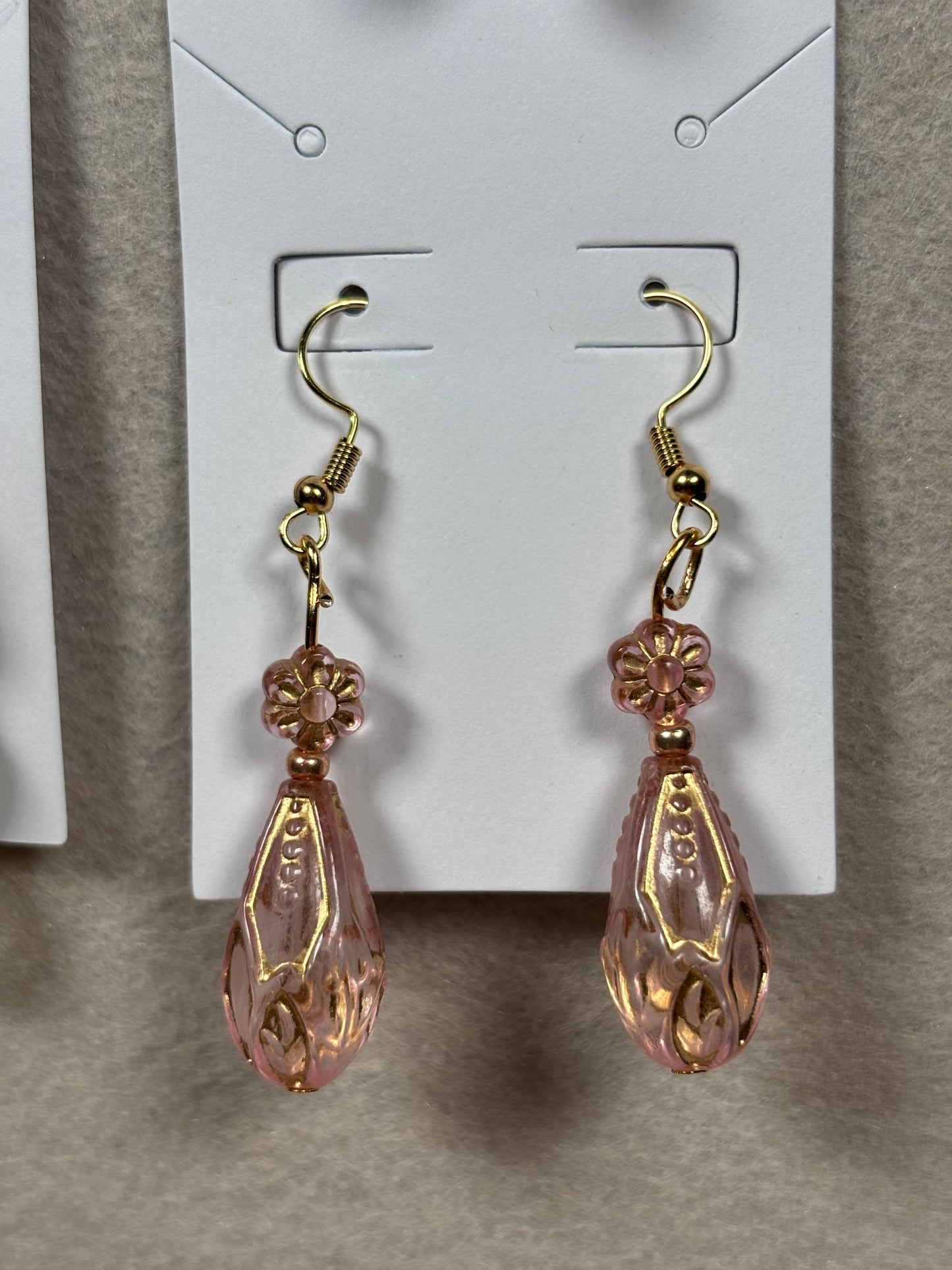 Pink and Gold Beaded Teardrop Fishhook Earrings