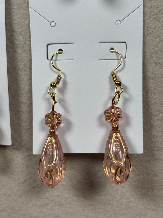 Pink and Gold Beaded Teardrop Fishhook Earrings