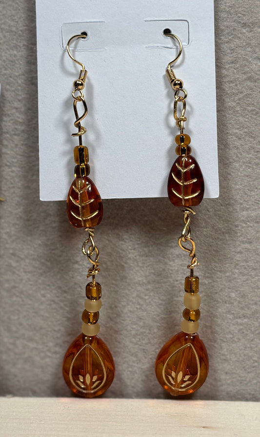 Amber and Gold Beaded Fishhook Earrings