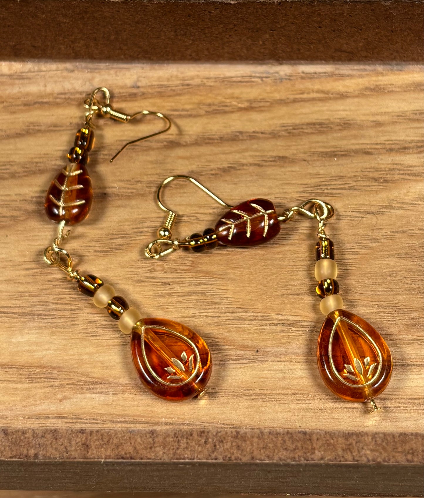 Amber and Gold Beaded Fishhook Earrings