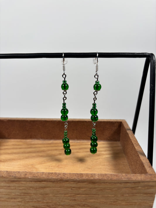 Emerald Green Round Beaded, Three-Tiered Dangle, w/Silver Accents Earrings
