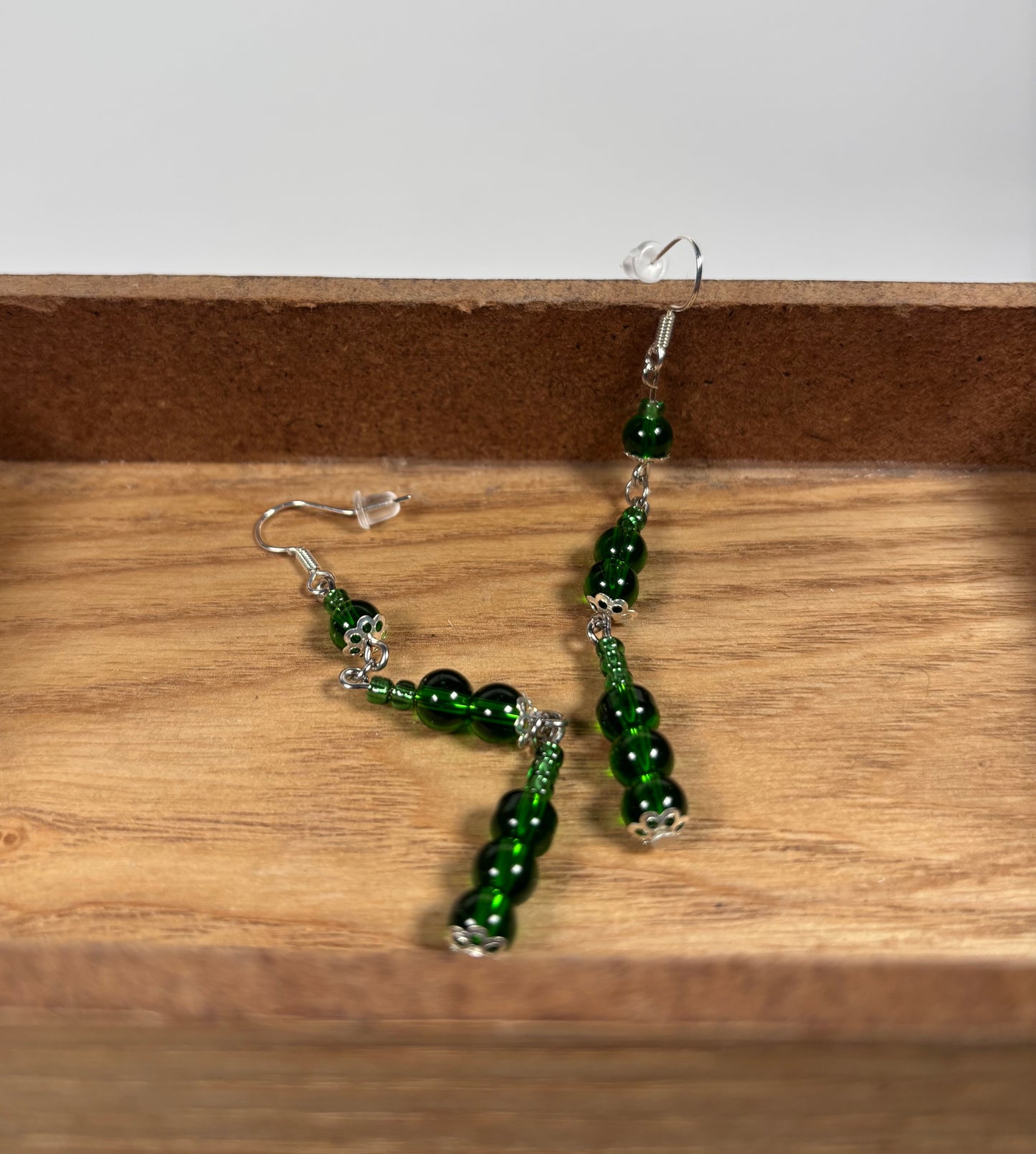 Emerald Green Round Beaded, Three-Tiered Dangle, w/Silver Accents Earrings