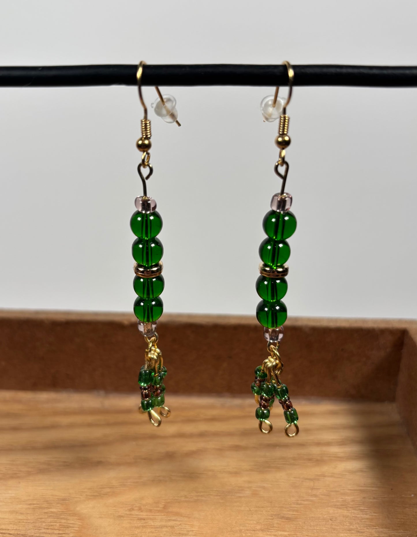 Emerald Green Bead Chandelier Earrings, w/Gold Accents